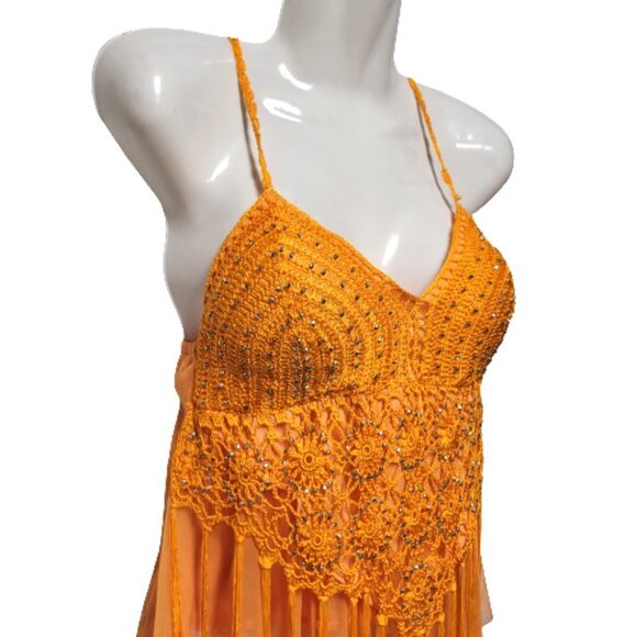 Orange Belly Dance Top Sequin Adjustable Strap Tank Top Spaghetti Strap Tunic - Picture 2 of 11